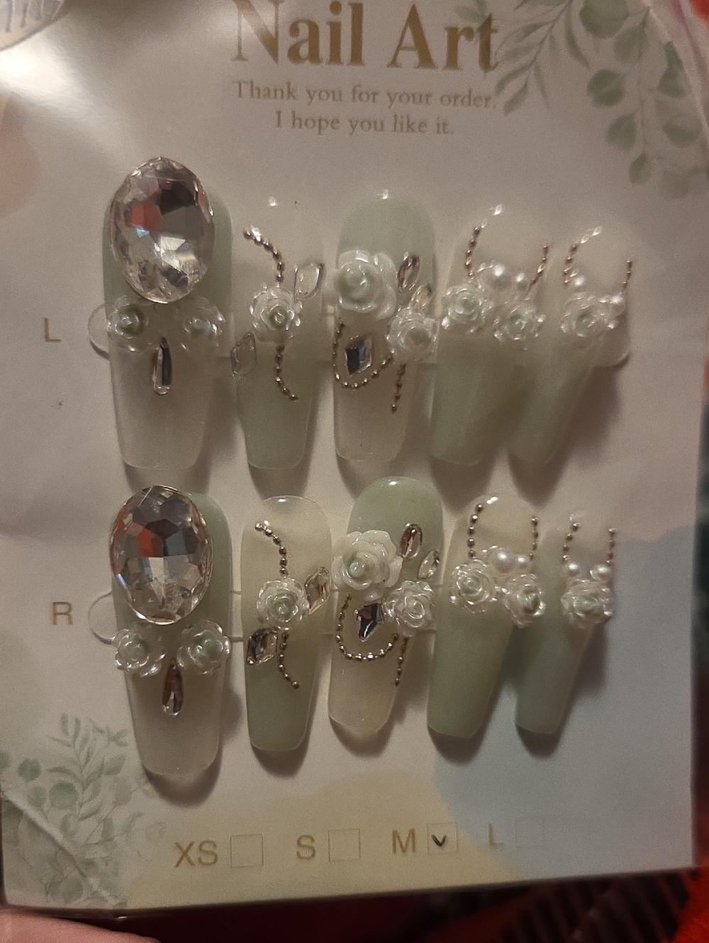 ♥️2 For $25♥️3D Floral Rhinestone Press-On Nail Set in Mint & Cream